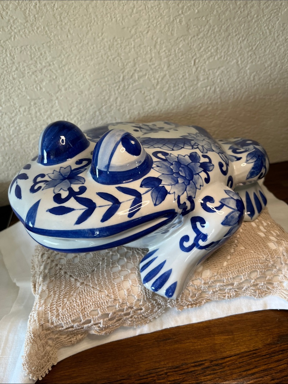 Large 12” Blue White Ceramic Frog Figurine Chinoiserie Floral Home Decor
